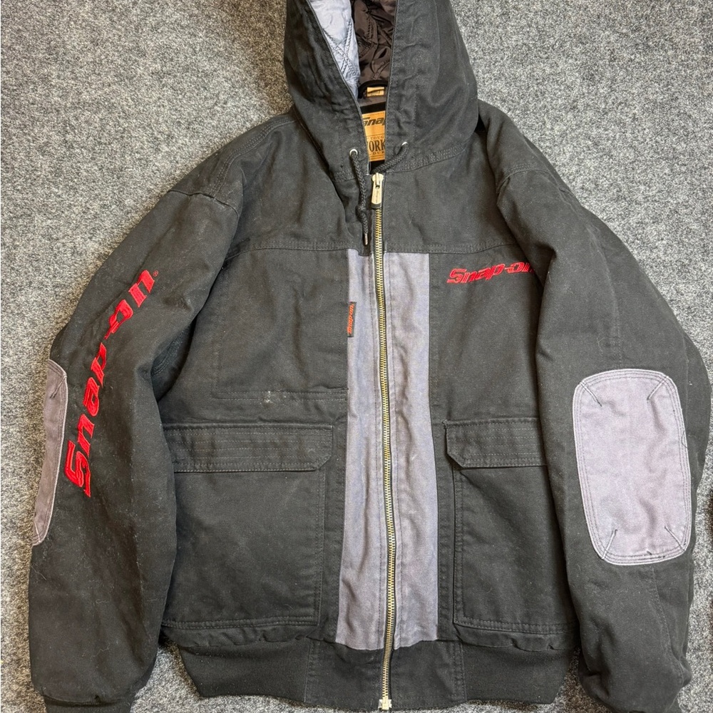 Snap On Workwear Jacket Large Black Gray Hooded Canvas Utility Mechanic